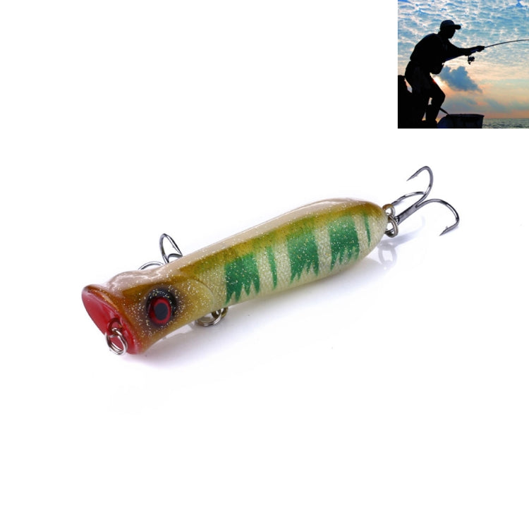 Hard bait fishing lure with treble hooks, olive-green body and red mouth