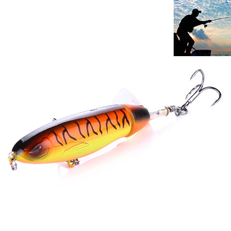 Propeller-shaped hard bait fishing lure, orange-yellow tiger stripe body with treble hooks