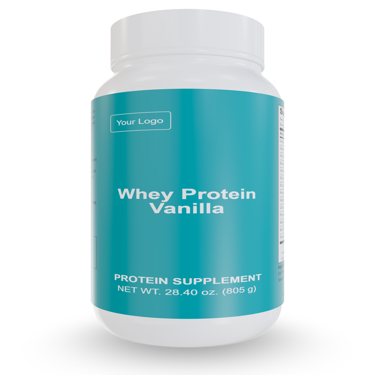 Whey protein powder tub, vanilla flavor, teal Whey Protein Vanilla label