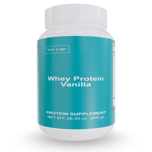 Whey protein powder tub, vanilla flavor, teal Whey Protein Vanilla label