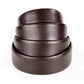 Brown leather belt strap coil, textured surface with smooth folded edges.