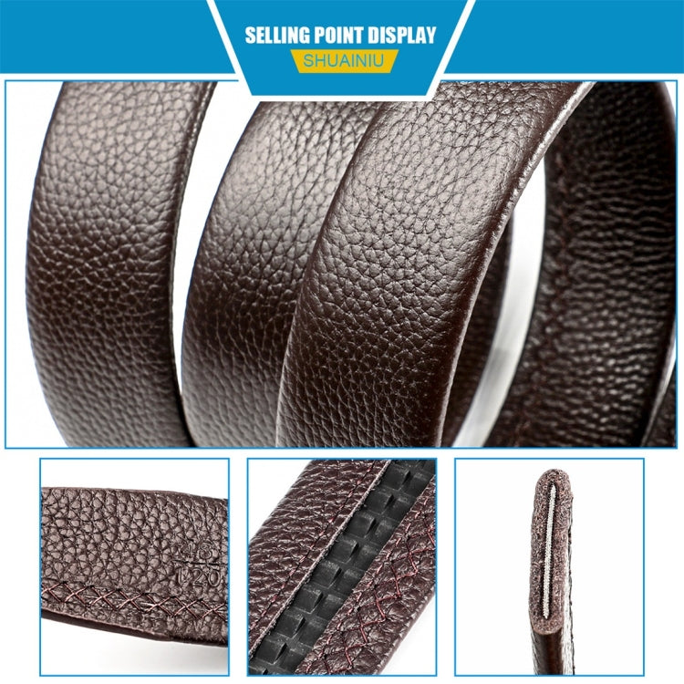 Brown cow leather belt with pebbled texture, visible stitching and inner pattern