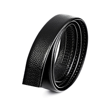 Black cow leather belt, rolled close-up showing textured grain and stitched edge