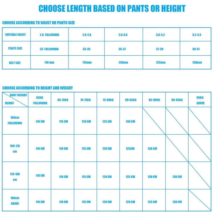 Belt size selection chart with measurements for waist and height ranges