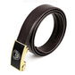 Brown leather belt with gold buckle, black center plate, textured strap