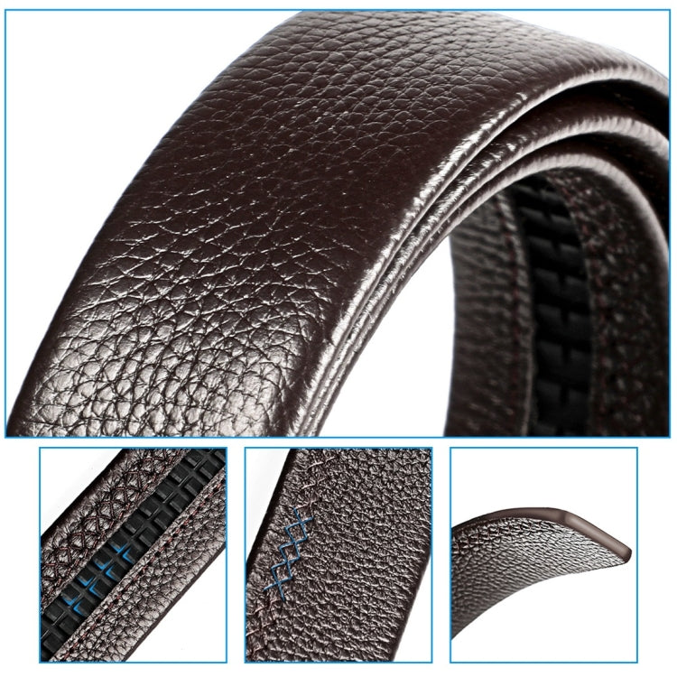 Brown textured leather belt with close-up stitching and curved edge