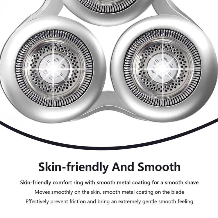 Philips razor blade head close-up of perforated shaving foils, silver metal finish