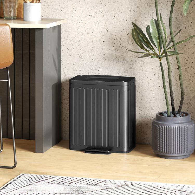 Black square step-on trash can with lid, ribbed finish, and front pedal