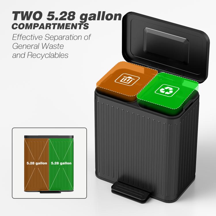 Two-compartment step-on trash can with open lids and ribbed black body