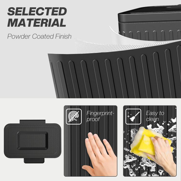 Black ribbed step-on trash can with hinged lid and top opening panel