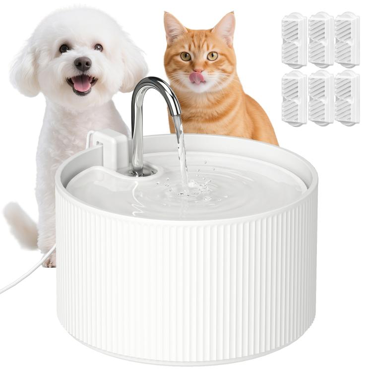 White ceramic pet water fountain with chrome faucet, round ribbed base