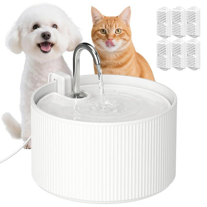 White ceramic pet water fountain with chrome faucet, round ribbed base