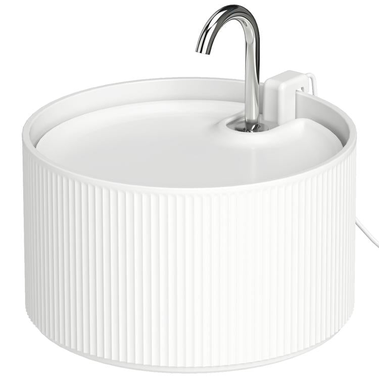 White ceramic pet water fountain top view with chrome faucet and shallow basin