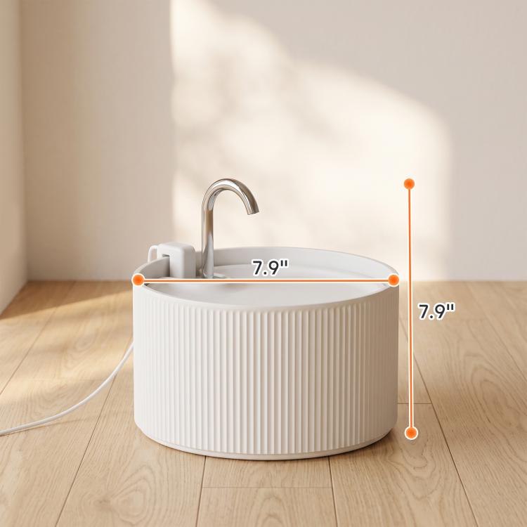 White ceramic pet water fountain with chrome faucet, compact round ribbed design