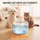 White ceramic pet water fountain with visible water flow and basin water level