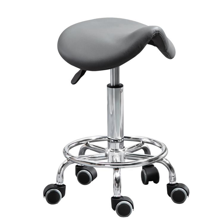 Gray saddle seat rolling stool with chrome pedestal and casters