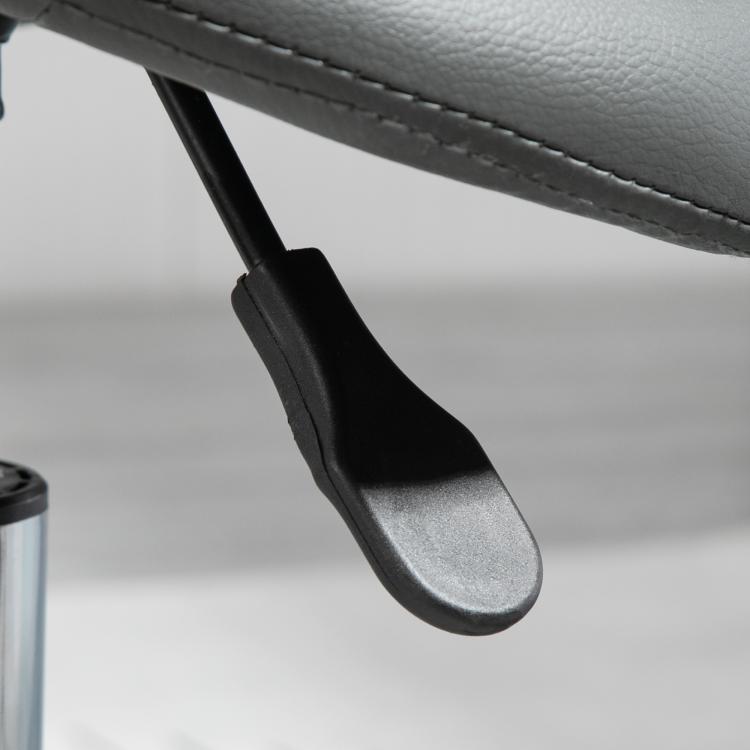Rolling saddle stool with gray PU seat underside and black height-adjust lever