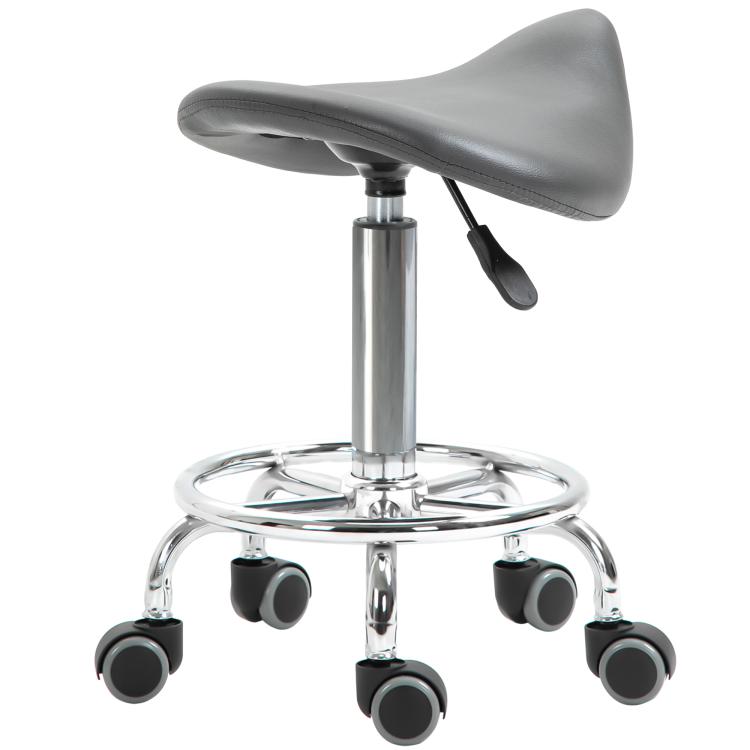Gray PU saddle stool on chrome base with five rolling casters