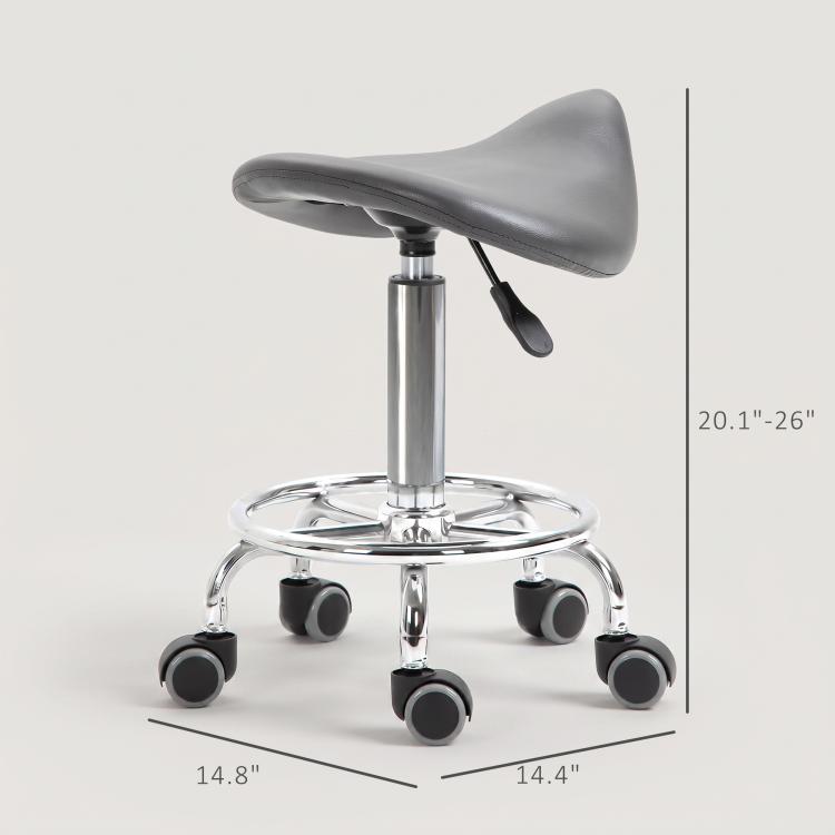 Gray saddle stool on rolling base with height range indicator