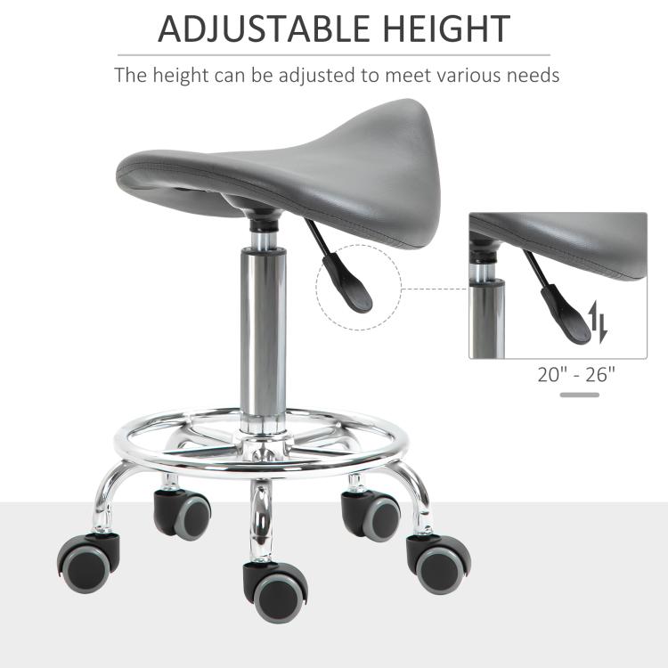 Gray saddle stool with adjustable height pedestal and five caster wheels