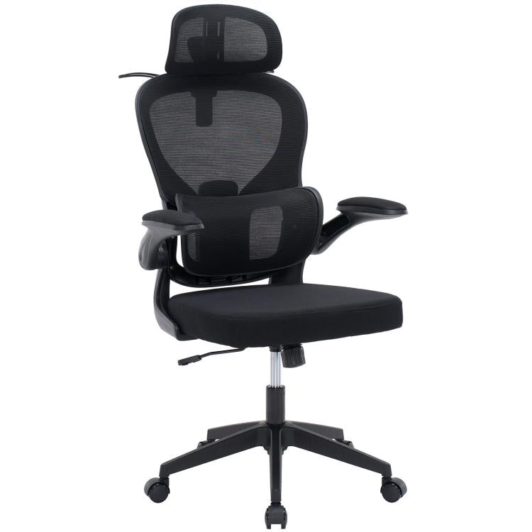 Black ergonomic office chair with mesh back, adjustable headrest, and armrests