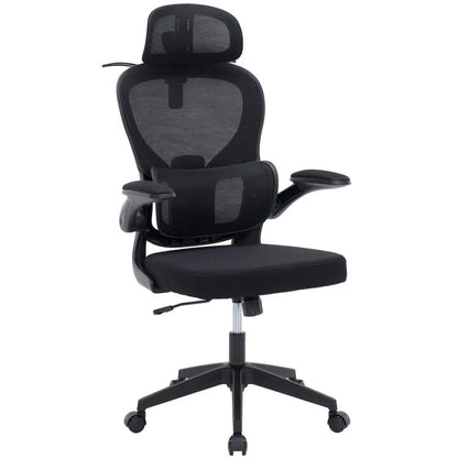 Black ergonomic office chair with mesh back, adjustable headrest, and armrests