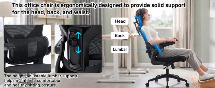 Ergonomic mesh office chair with adjustable headrest and dual lumbar support