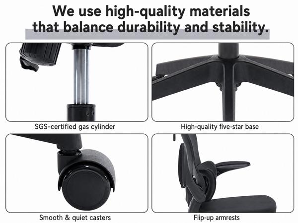 Ergonomic office chair with five-star base, smooth casters, and flip-up armrests