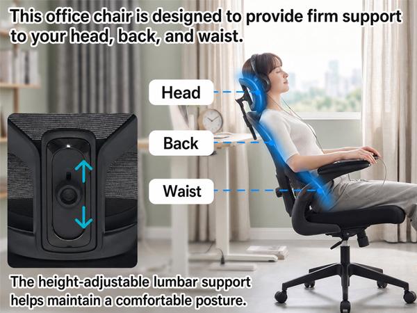 Ergonomic mesh office chair with height-adjustable lumbar support and headrest