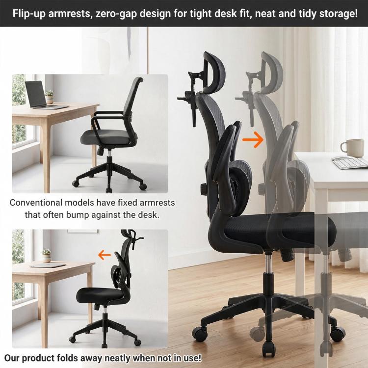 Black office chair showing flip-up armrests and curved backrest on casters