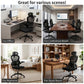 Black ergonomic office chair with headrest, mesh back, and padded seat on casters