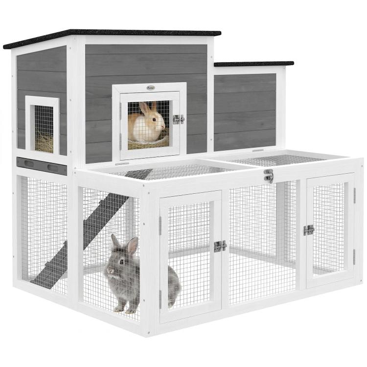 White 2-story rabbit hutch with gray panels, wire mesh doors, and an internal ramp