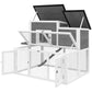 Two-level rabbit hutch with open hinged roofs and wire mesh enclosures