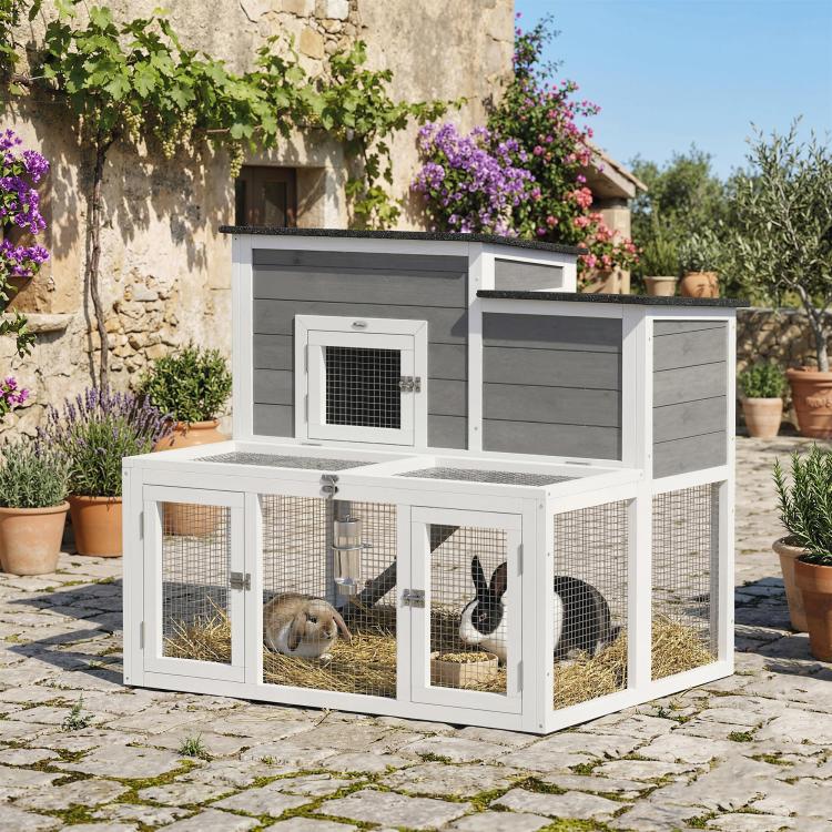 White and gray 2-story rabbit hutch with front wire doors and enclosed run