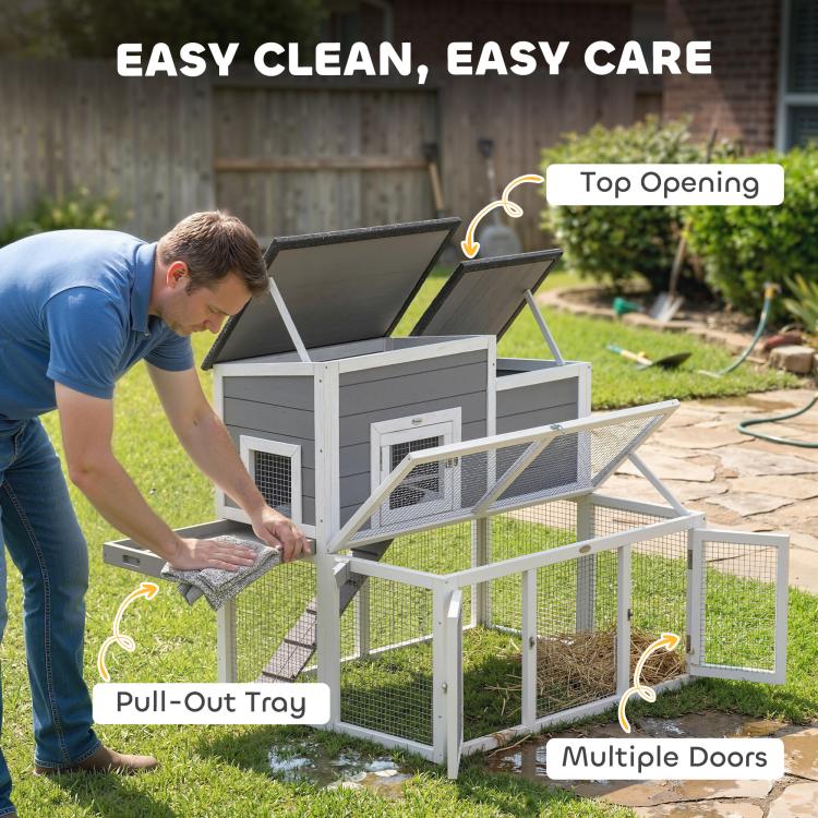 2-story rabbit hutch with top opening, pull-out tray, and multiple front doors