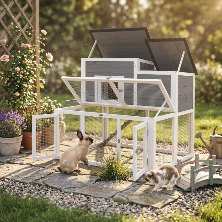 White and gray 2-story rabbit hutch with open roof, wire mesh doors, and ramp