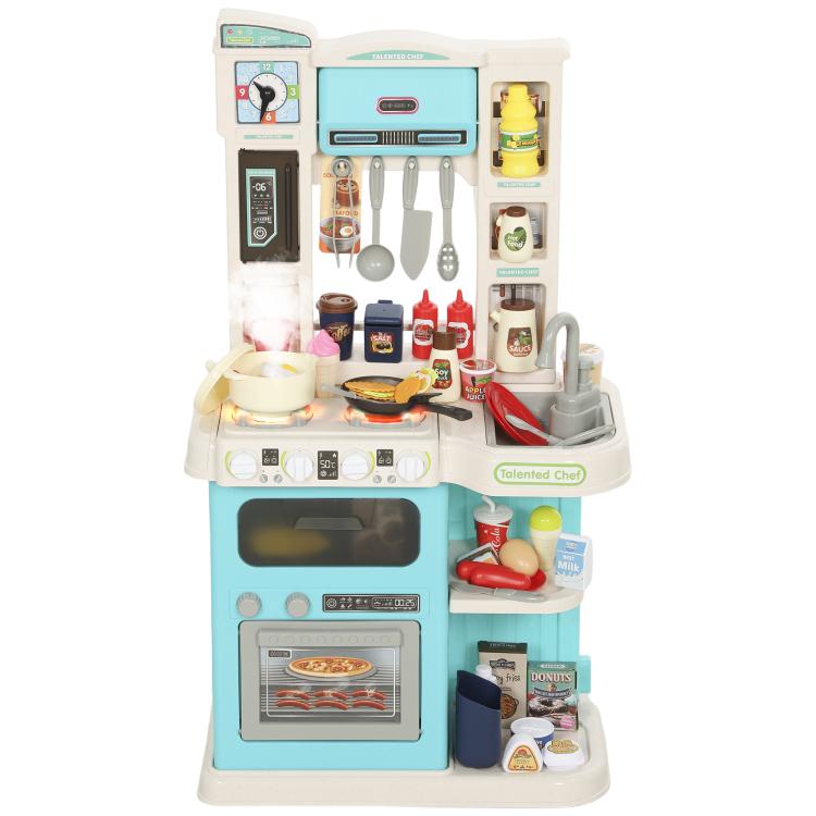 Kids play kitchen toy set with blue oven, stovetop, sink, and utensil accessories