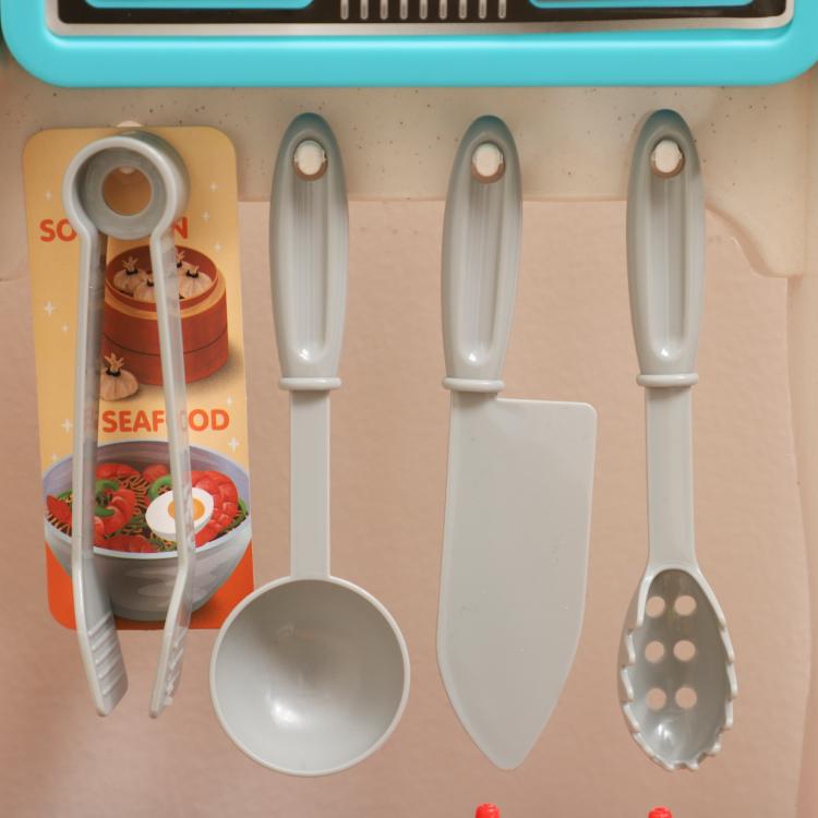Kids play kitchen toy set: white-handled metal utensils and cookware