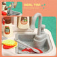 Toy play kitchen sink with flowing water tap and condiment bottles
