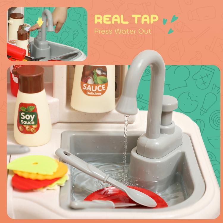 Toy play kitchen sink with flowing water tap and condiment bottles
