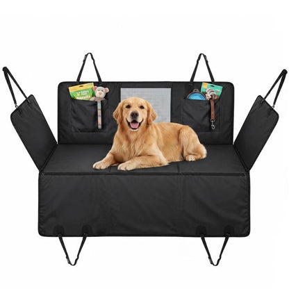Black waterproof dog car back seat extender with hammock-style cover and side flaps