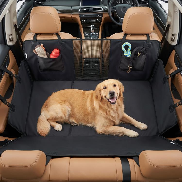 Black waterproof dog car seat hammock cover with storage pockets and secure straps