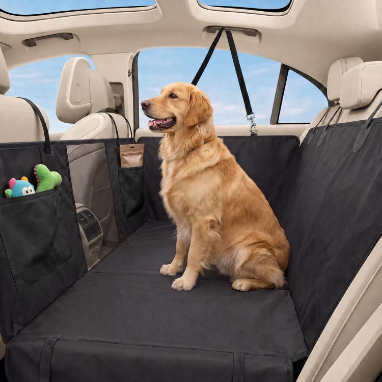 Black dog hammock car seat cover with mesh back window and hanging straps