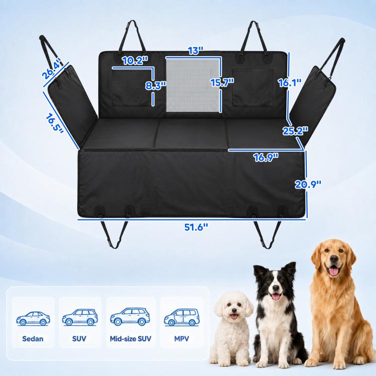 Black dog car back seat extender hammock cover with adjustable straps and hard base