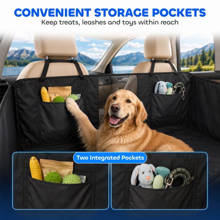 Black dog car seat cover with integrated storage pockets on the back panels