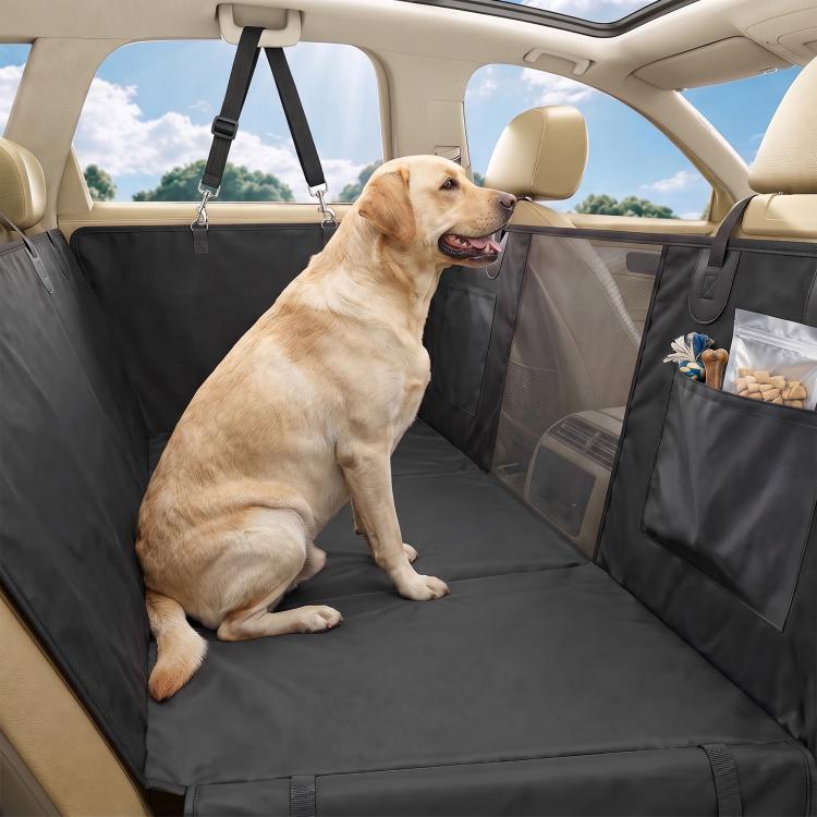 Black dog back seat extender cover with zip side pocket and hanging straps