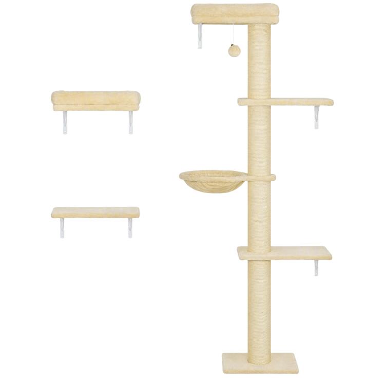 Beige wall-mounted cat tree with three wall shelves, stacked posts, and hanging ball