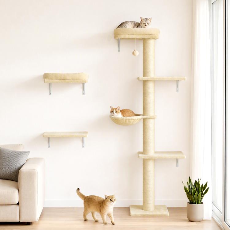 Beige wall-mounted cat tree with three wall platforms, hammock bed, and upright scratching post