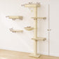 Beige cat wall furniture set showing dimensions for wall shelves and tall scratching post