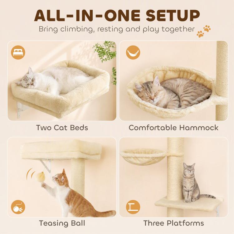 Beige cat wall furniture set with two bed platforms, hammock perch, and three resting levels